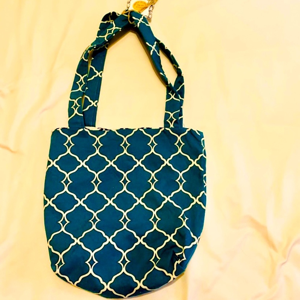 Handmade Tote Bag reversible reusable washable teal blue and white patterned